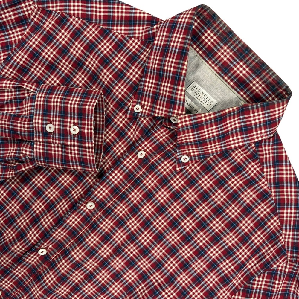 Brunello Cucinelli Basic Fit Button Down Shirt Mens L Red RWB Plaid Cotton Italy